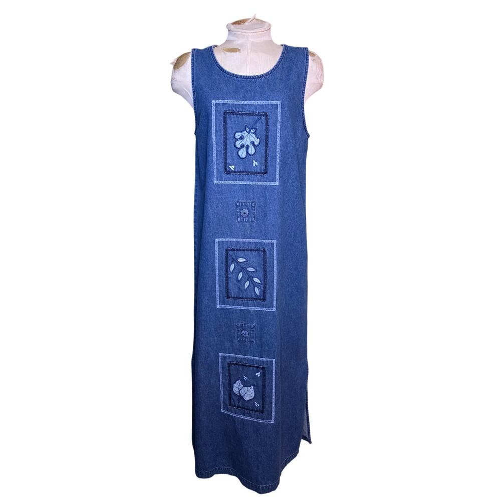 Erika and Co. Vintage Denim Dress Small Blue Embroidered Floral Sleeveless Boho‎